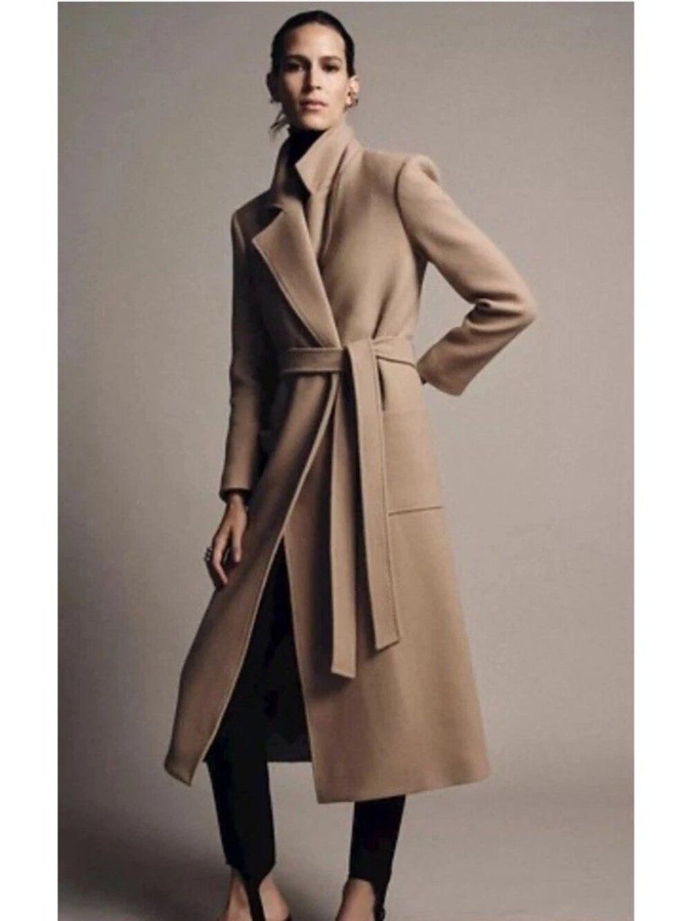 Zara Womens Long Coat XL Camel Brown Wool Collection Belted 8493/726 NWT